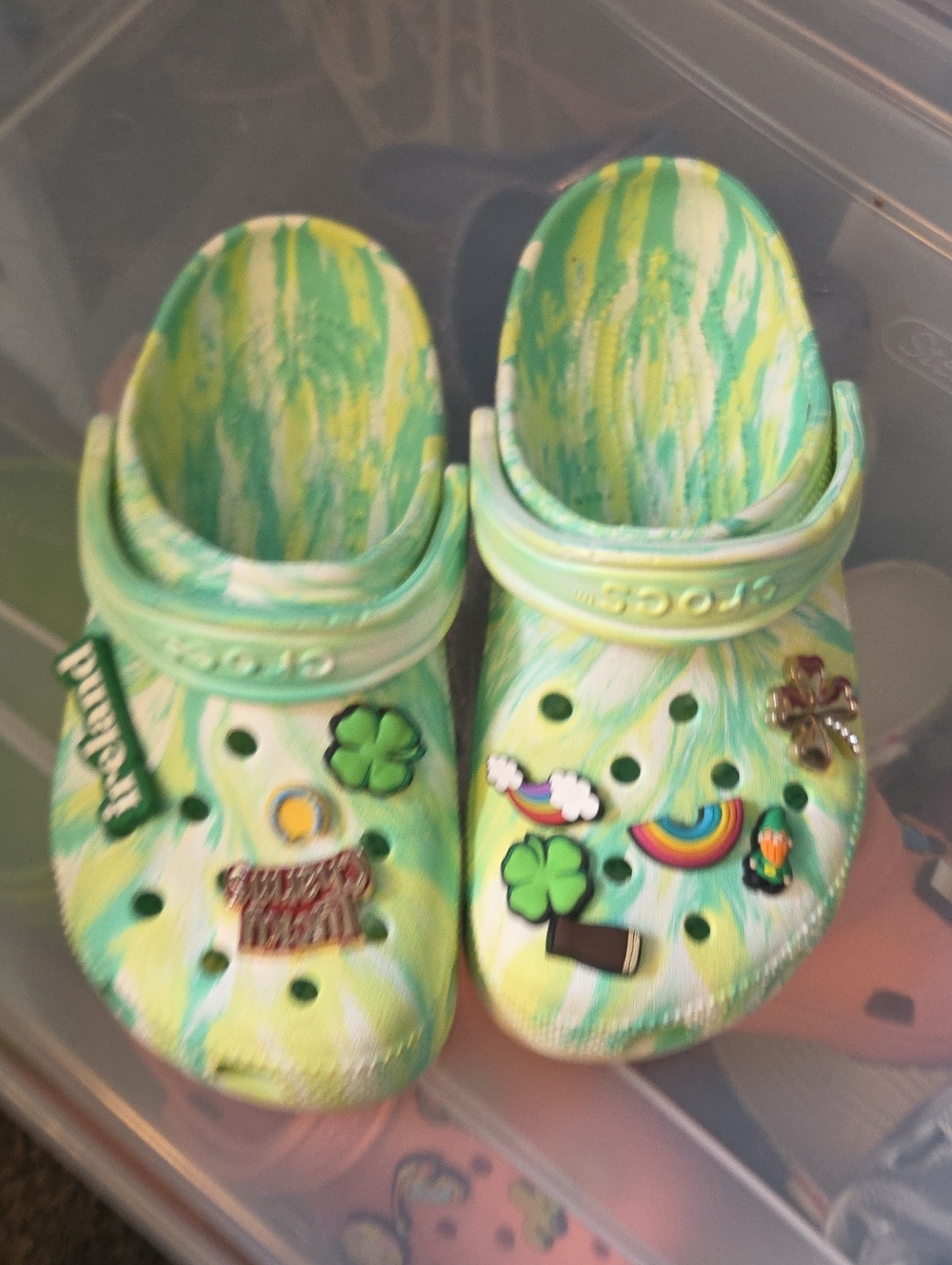 CROCS Green Marble Slip-On Clogs with Decorative Charms